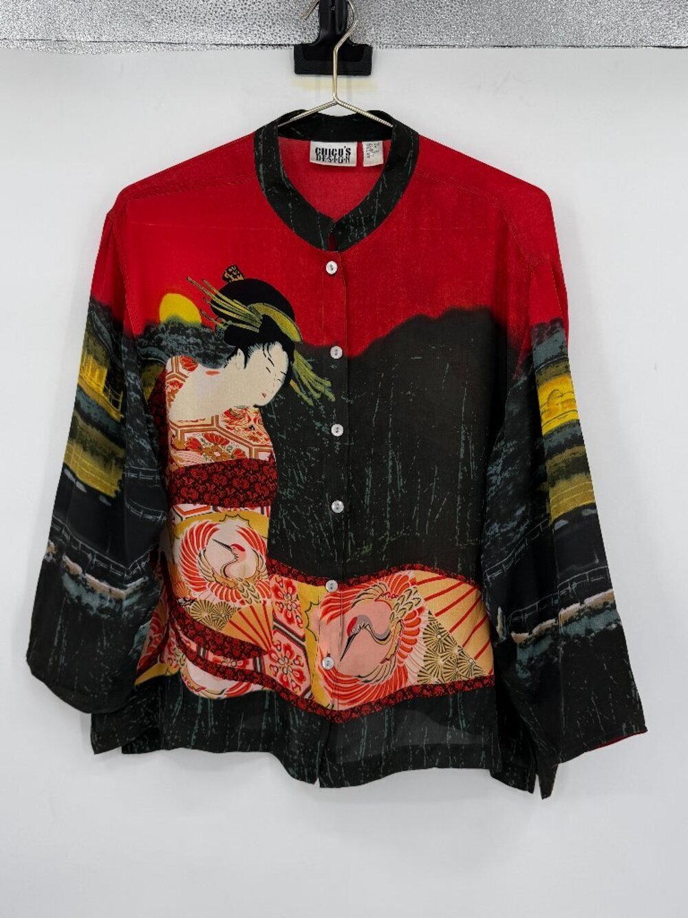 Chico’s Design Vintage 100% Silk Japanese Geisha Art Print Button Front Blouse 2